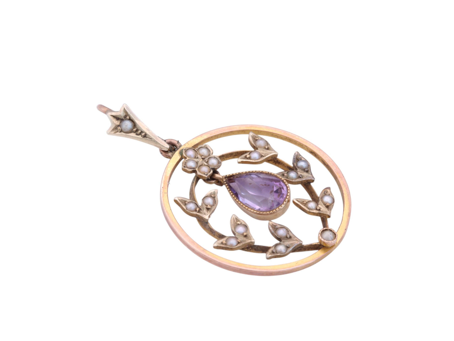Antique 9ct Gold Amethyst Pearl Pendant