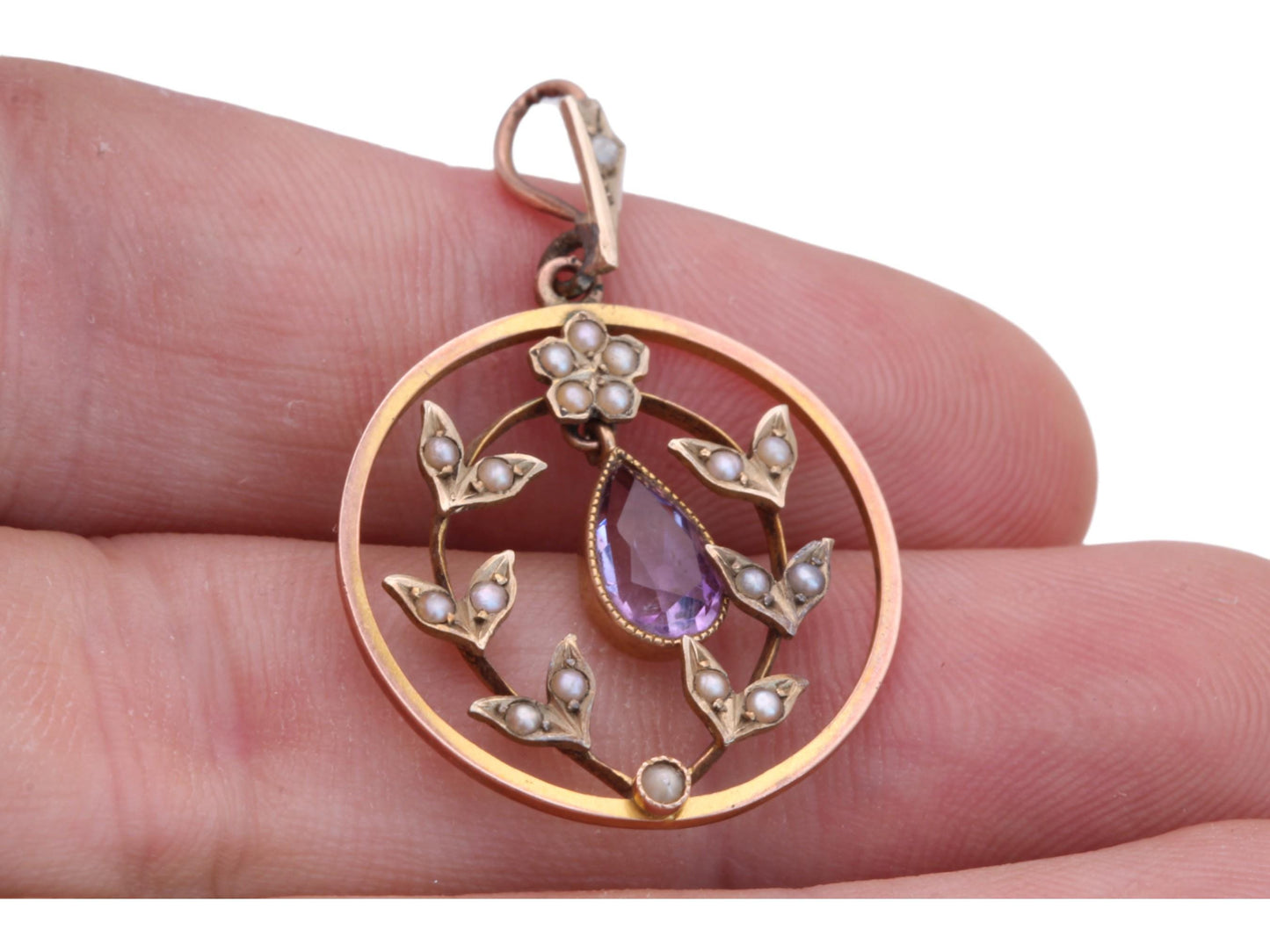 Antique 9ct Gold Amethyst Pearl Pendant