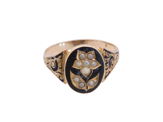 Antique Victorian 15ct Gold Black Enamel Forget Me Not Flower Ring