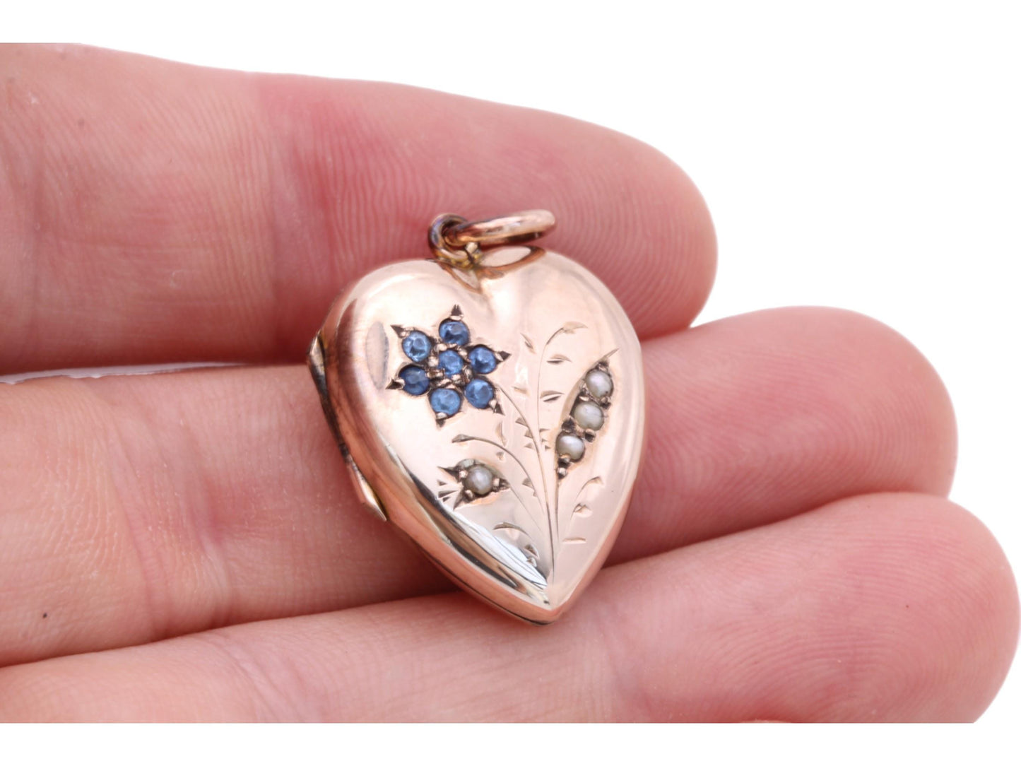 Antique 9ct Gold Blue Paste & Pearl Flower Heart Locket