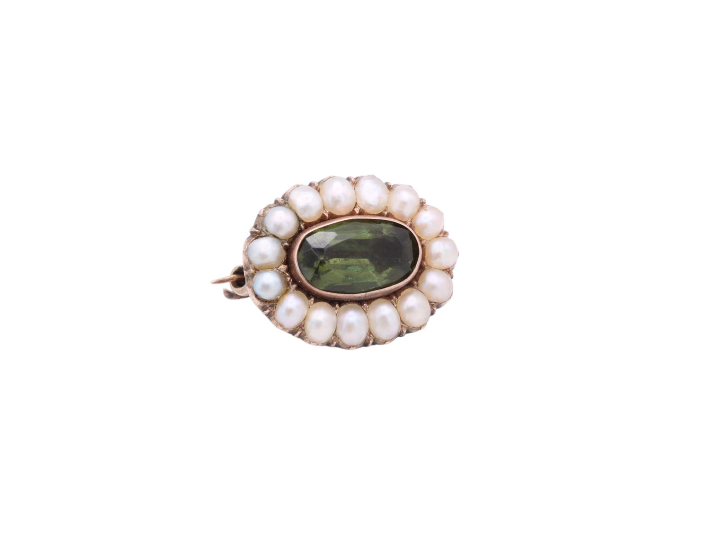 Antique 9ct Rose Gold Peridot & Pearl Brooch