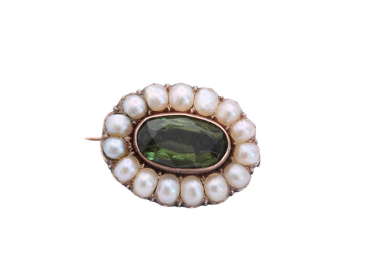 Antique 9ct Rose Gold Peridot & Pearl Brooch