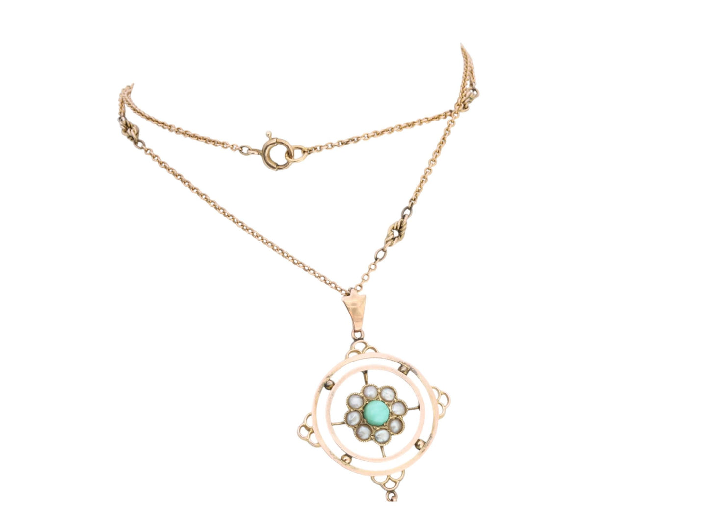 Antique 9ct Gold Pearl & Turquoise Pendant, Lovers Knot Necklace, 16"