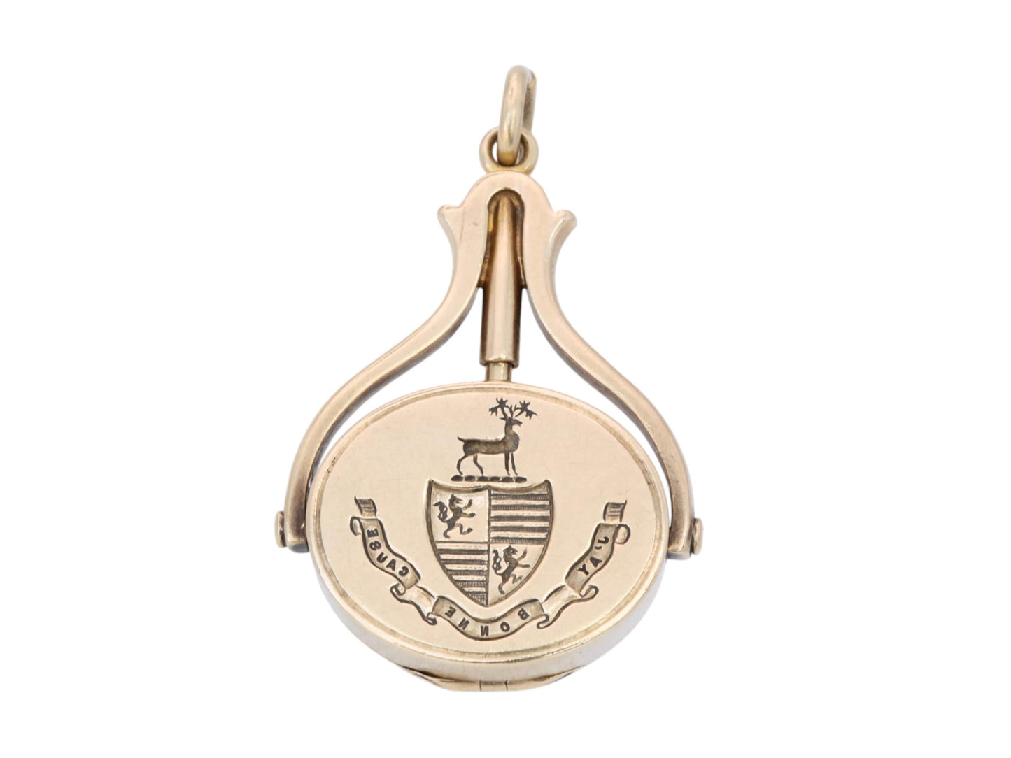 Antique 18ct Gold Stag Intaglio 'I have Good Cause' Motto & Secret Compass Spinner Pendant