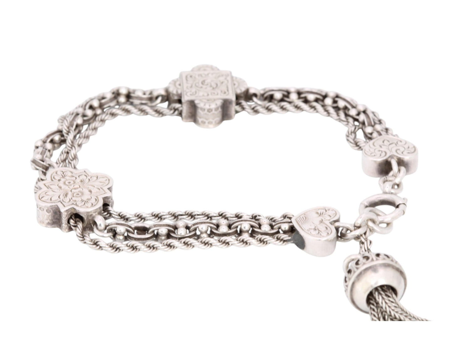 Antique Sterling Silver Heart Chased Tassel Albertina Bracelet, 7.25"
