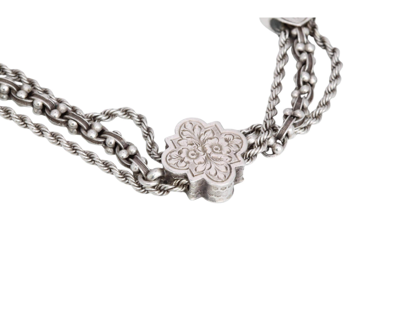 Antique Sterling Silver Heart Chased Tassel Albertina Bracelet, 7.25"