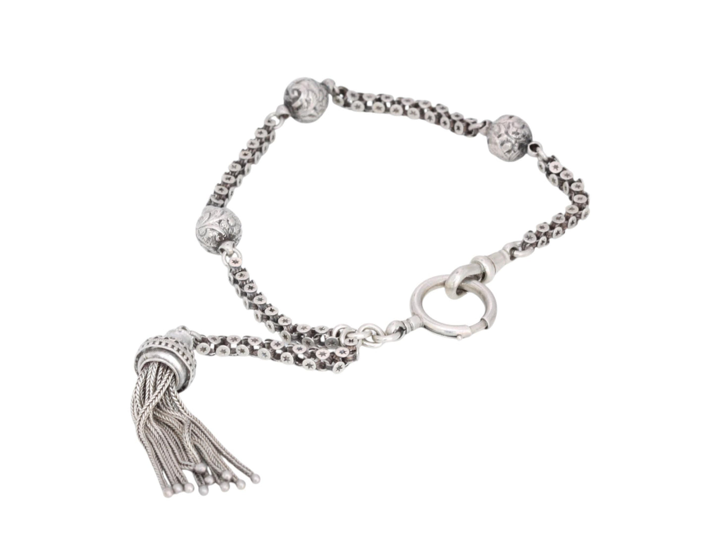 Antique Sterling Silver Star Link Albertina With Tassel, 9"