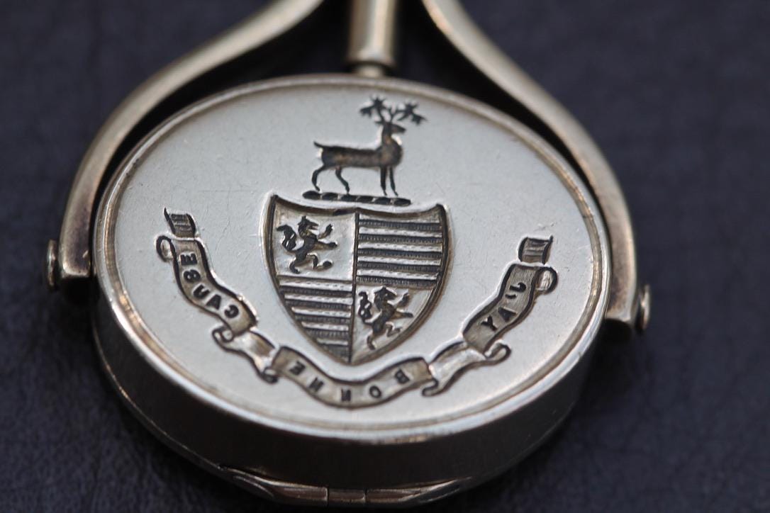 Antique 18ct Gold Stag Intaglio 'I have Good Cause' Motto & Secret Compass Spinner Pendant