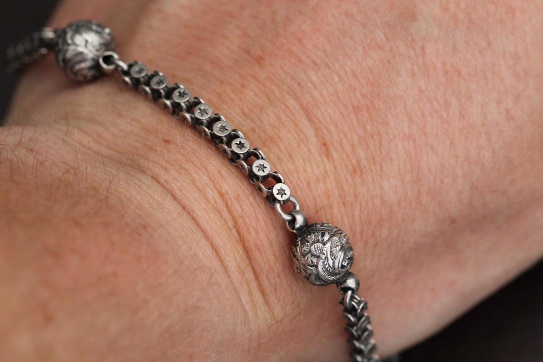 Antique Sterling Silver Star Link Albertina With Tassel, 9"