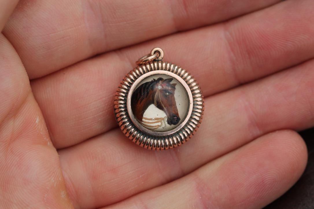 Antique 9ct Rose Gold Filled Essex Crystal Horse Compass Pendant