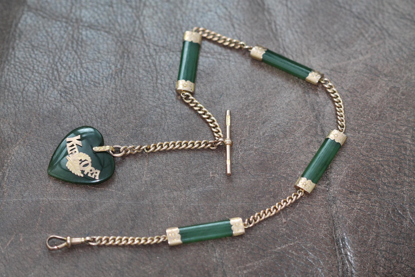 Antique 9ct Gold New Zealand Nephrite Chain With 'KIA ORA' Heart