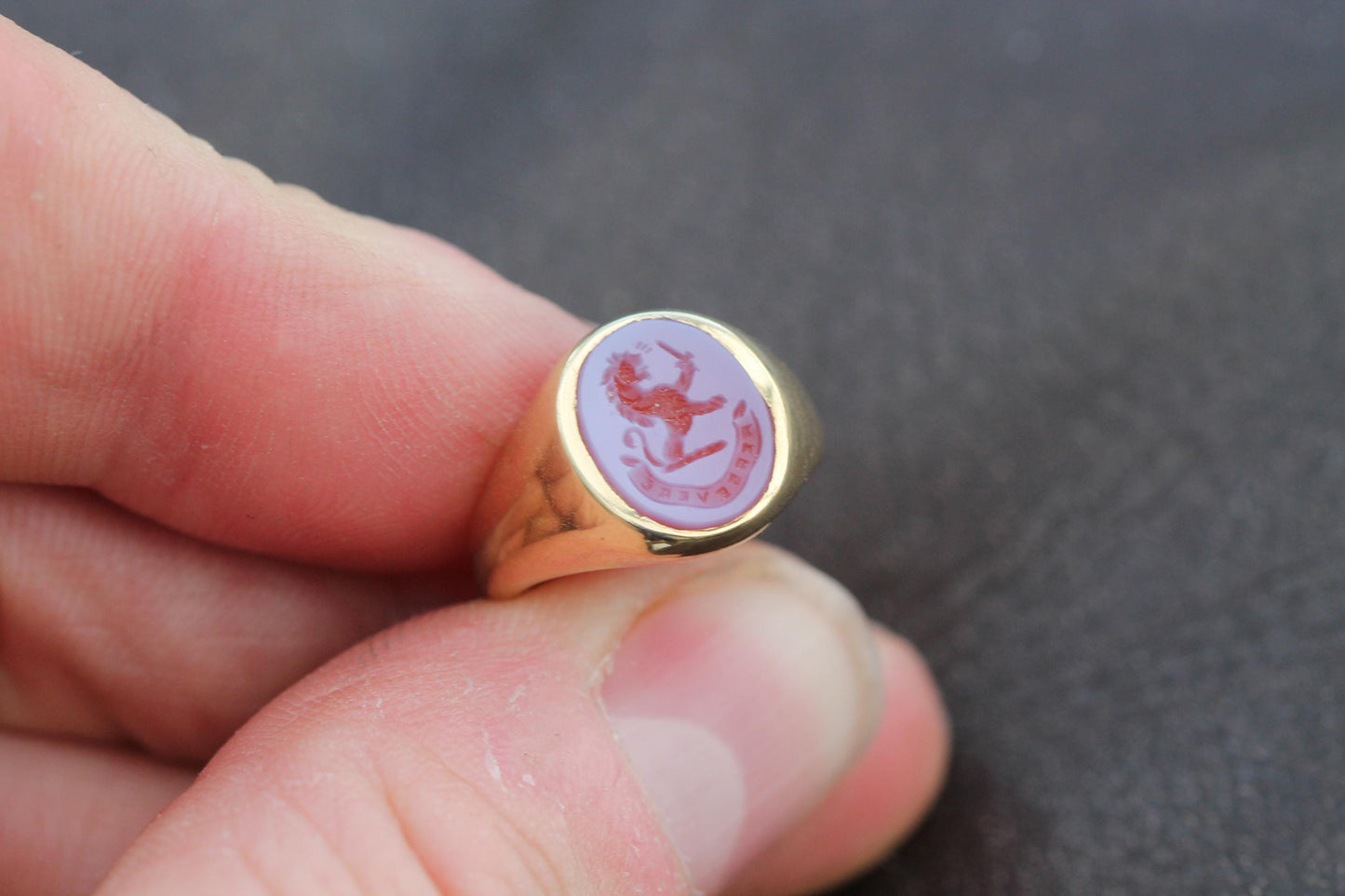 Vintage 18ct Gold Sardonyx Intaglio Lion 'Persevere' Signet Ring, 1997