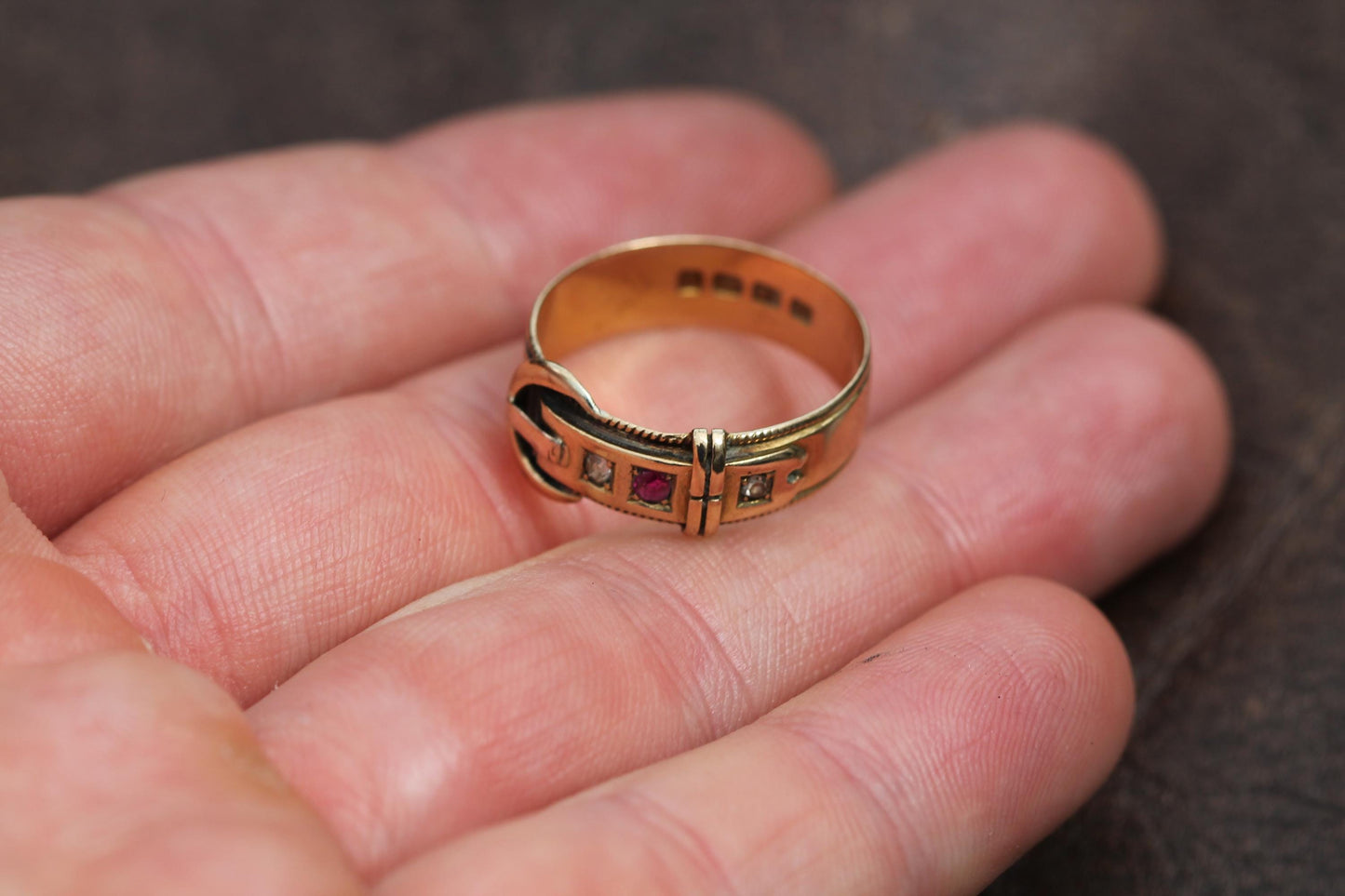 Antique 18ct Gold Diamond Ruby Buckle Ring, 1882