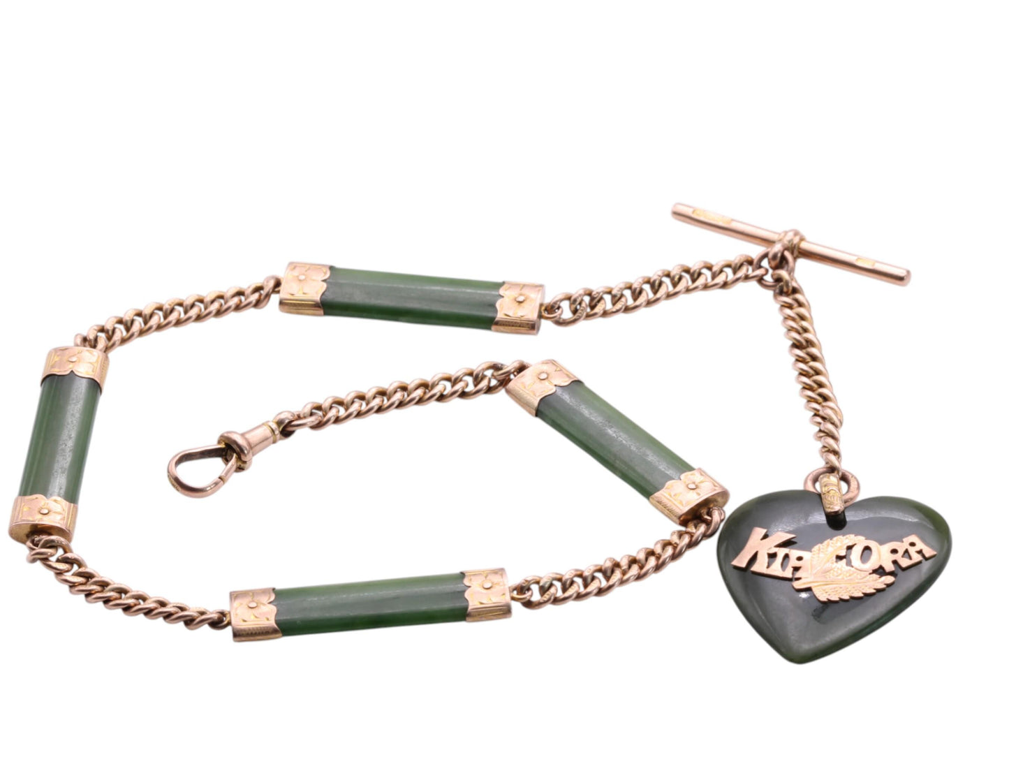 Antique 9ct Gold New Zealand Nephrite Chain With 'KIA ORA' Heart