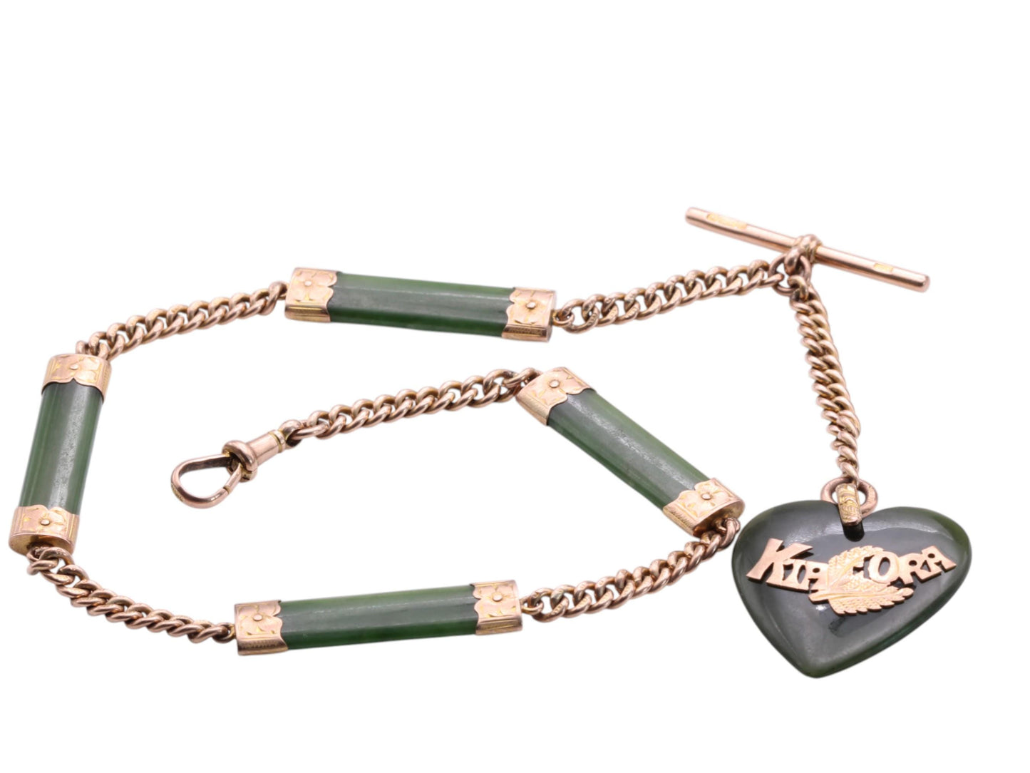 Antique 9ct Gold New Zealand Nephrite Chain With 'KIA ORA' Heart