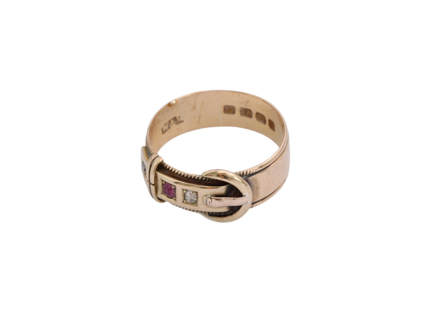 Antique 18ct Gold Diamond Ruby Buckle Ring, 1882