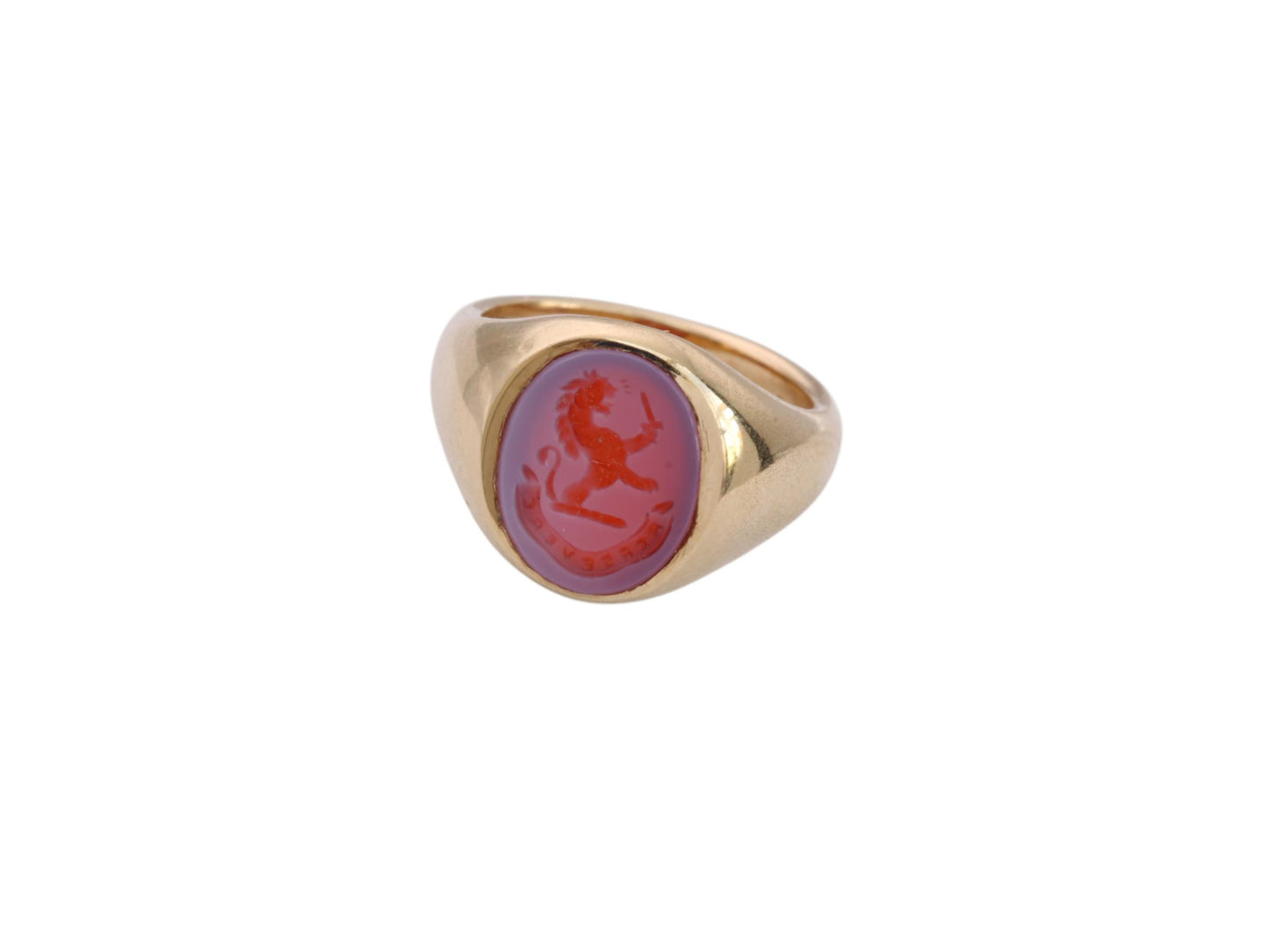 Vintage-18ct-Gold-Sardonyx-Intaglio-Lion-'Persevere'-Signet-Ring,-1997