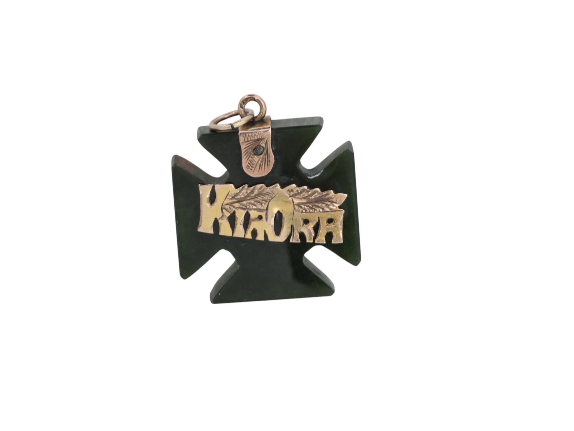 Antique-9ct-Gold-New-Zealand-Nephrite-Maltese-Cross-"Kia-Ora"-Pendant