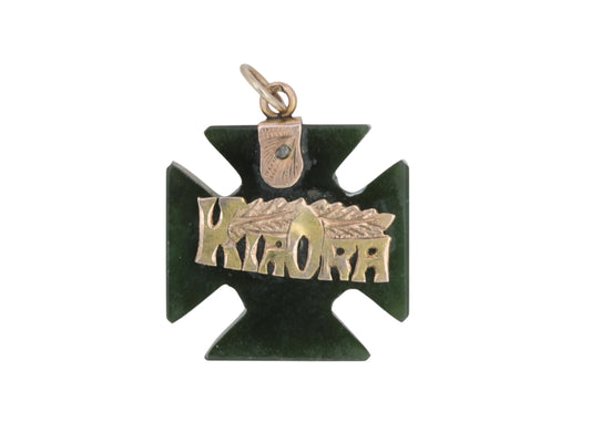 Antique 9ct Gold New Zealand Nephrite Maltese Cross "Kia Ora" Pendant