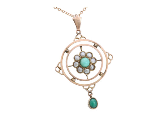 Antique 9ct Gold Pearl & Turquoise Pendant, Lovers Knot Necklace, 16"