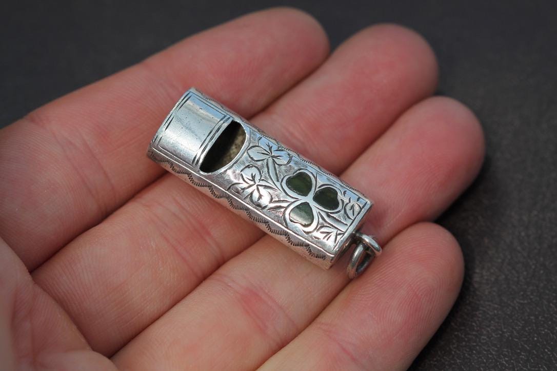 Antique Sterling Silver Shamrock, Ivy Whistle, 1903