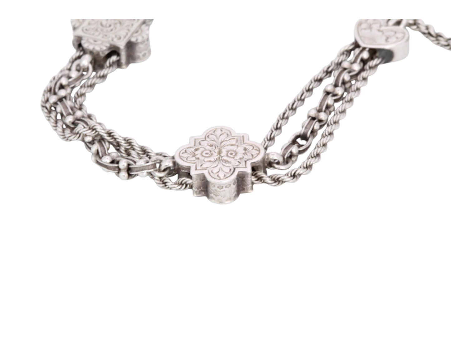 Antique Sterling Silver Heart Chased Tassel Albertina Bracelet, 7.25"