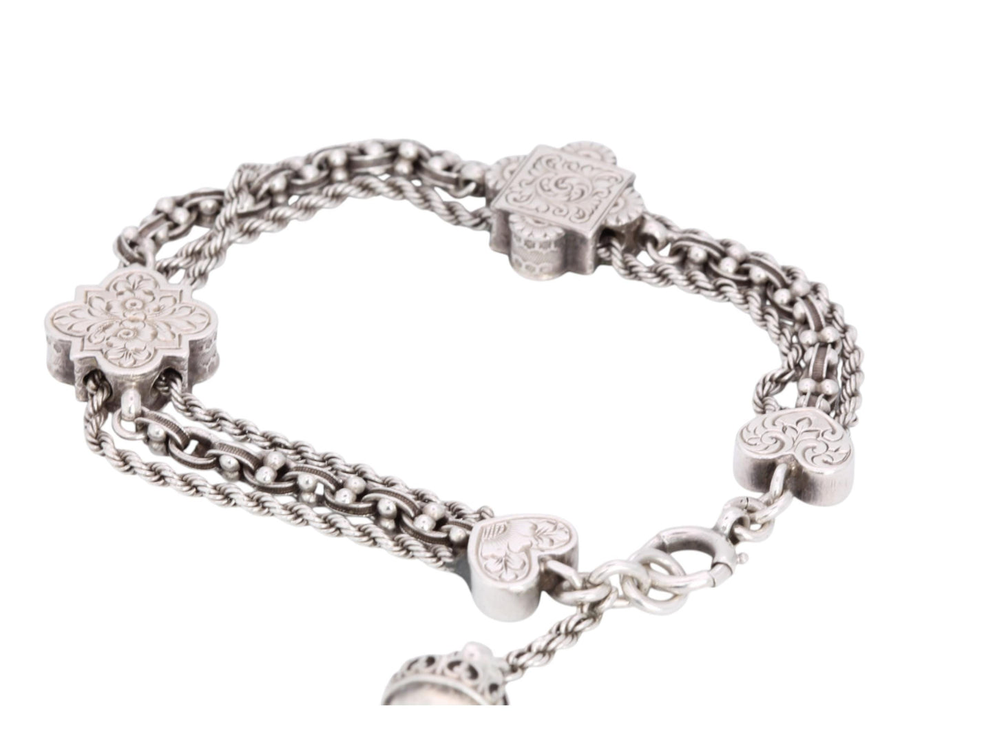 Antique Sterling Silver Heart Chased Tassel Albertina Bracelet, 7.25"