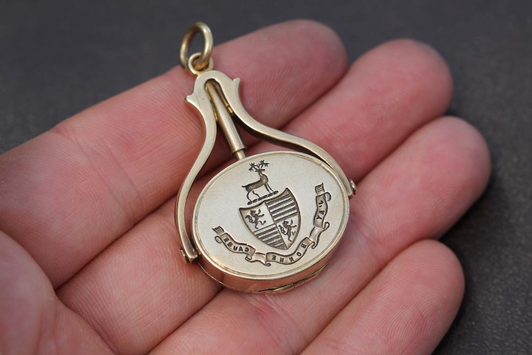 Antique 18ct Gold Stag Intaglio 'I have Good Cause' Motto & Secret Compass Spinner Pendant