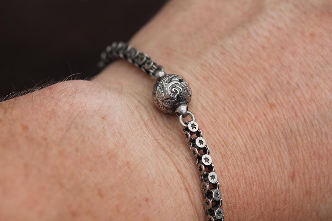 Antique Sterling Silver Star Link Albertina With Tassel, 9"