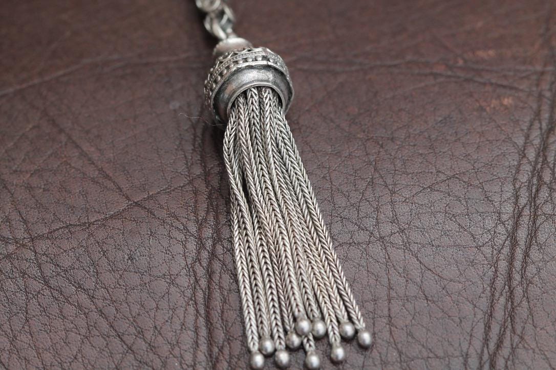 Antique Sterling Silver Star Link Albertina With Tassel, 9"