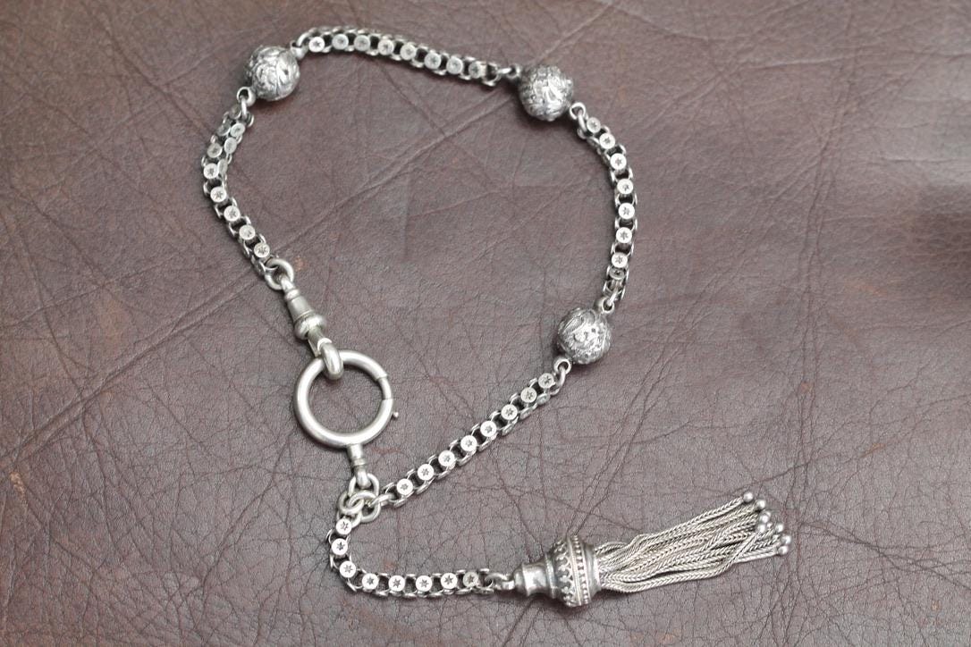 Antique Sterling Silver Star Link Albertina With Tassel, 9"