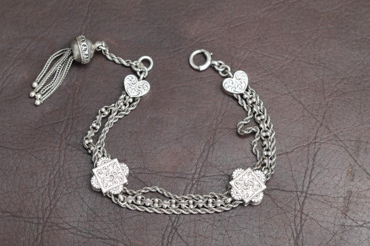 Antique Sterling Silver Heart Chased Tassel Albertina Bracelet, 7.25"
