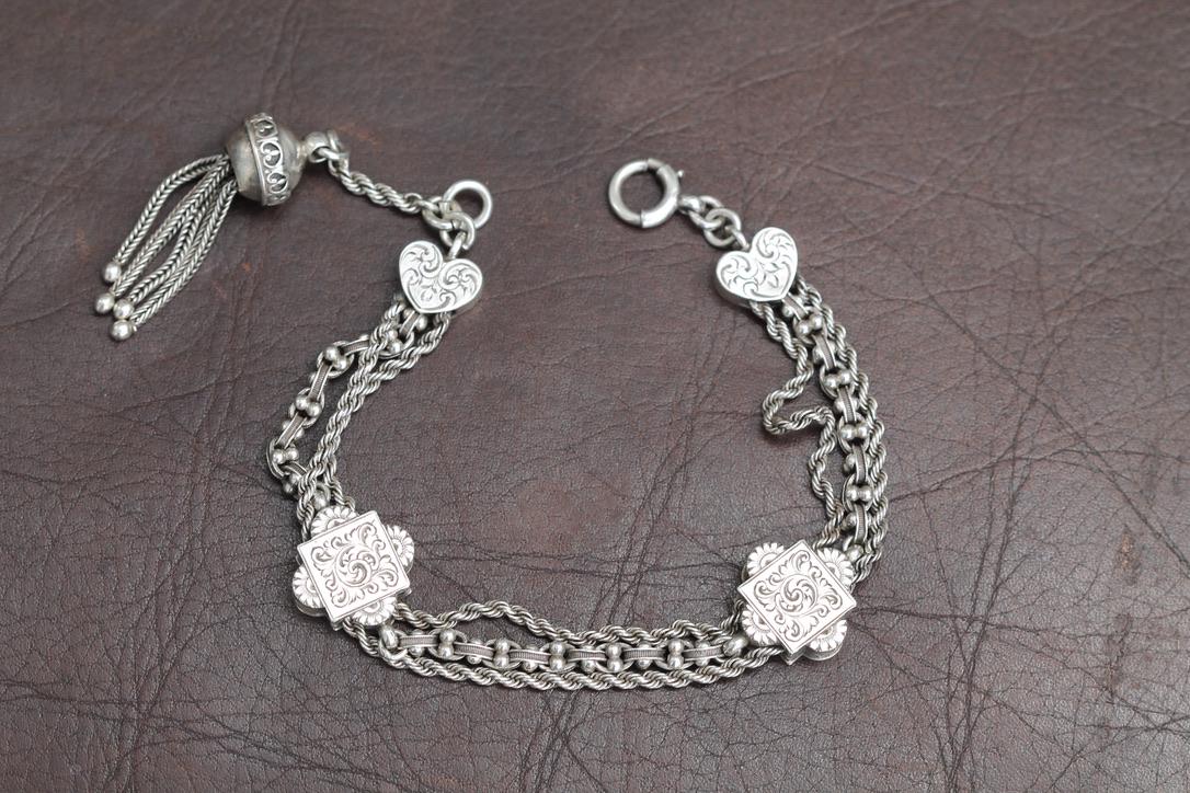 Antique Sterling Silver Heart Chased Tassel Albertina Bracelet, 7.25"