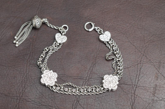 Antique Sterling Silver Heart Chased Tassel Albertina Bracelet, 7.25"