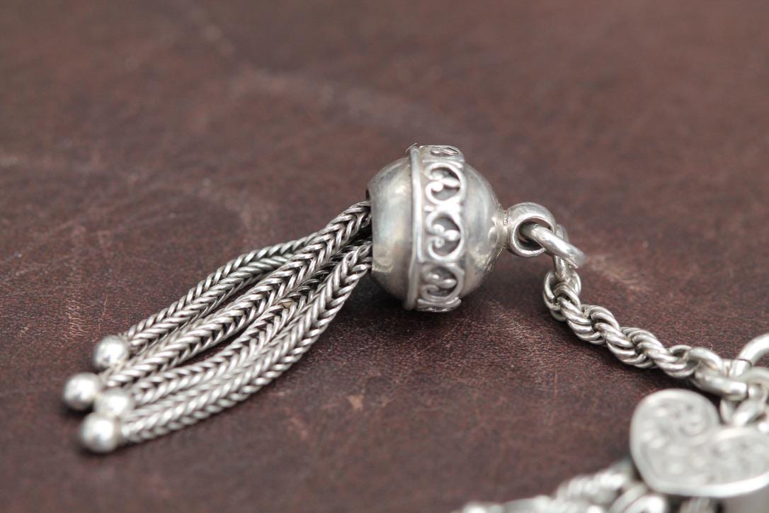 Antique Sterling Silver Heart Chased Tassel Albertina Bracelet, 7.25"