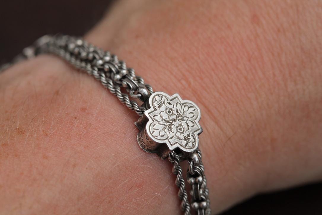 Antique Sterling Silver Heart Chased Tassel Albertina Bracelet, 7.25"