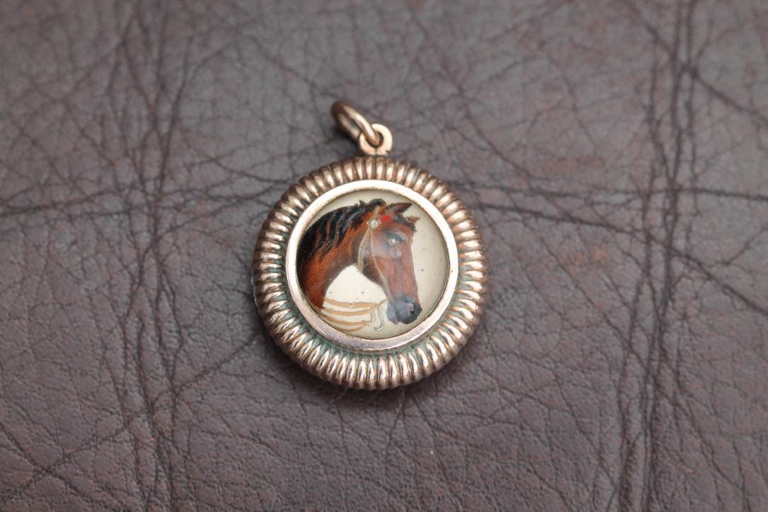 Antique 9ct Rose Gold Filled Essex Crystal Horse Compass Pendant