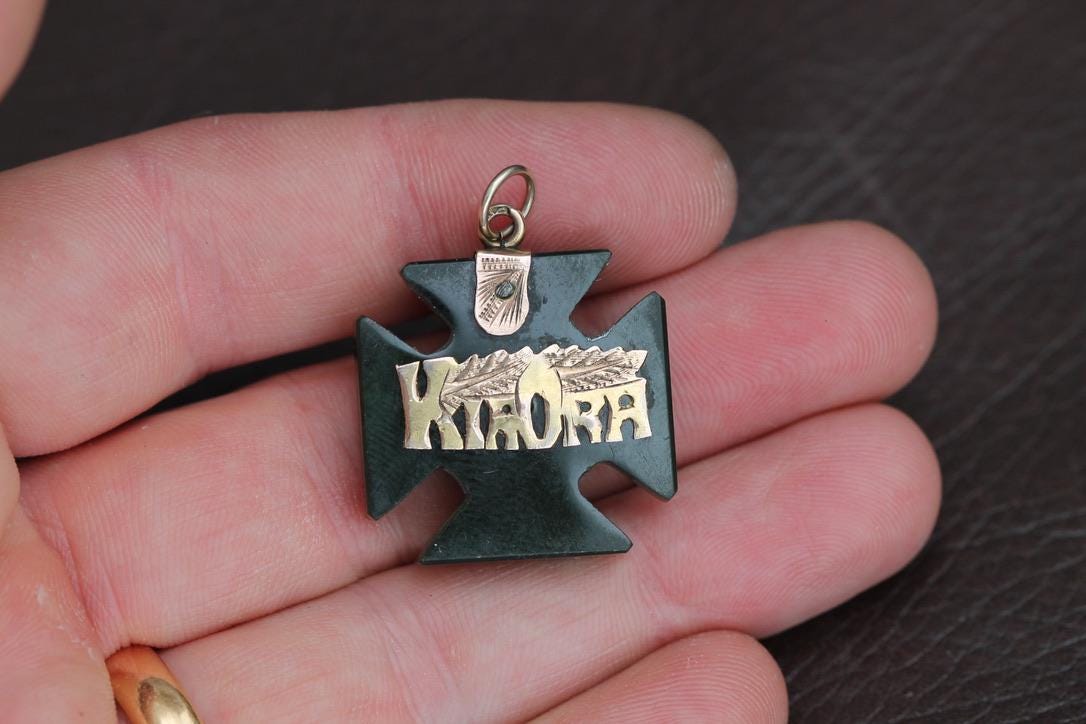 Antique 9ct Gold New Zealand Nephrite Maltese Cross "Kia Ora" Pendant