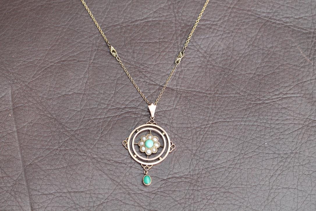 Antique 9ct Gold Pearl & Turquoise Pendant, Lovers Knot Necklace, 16"