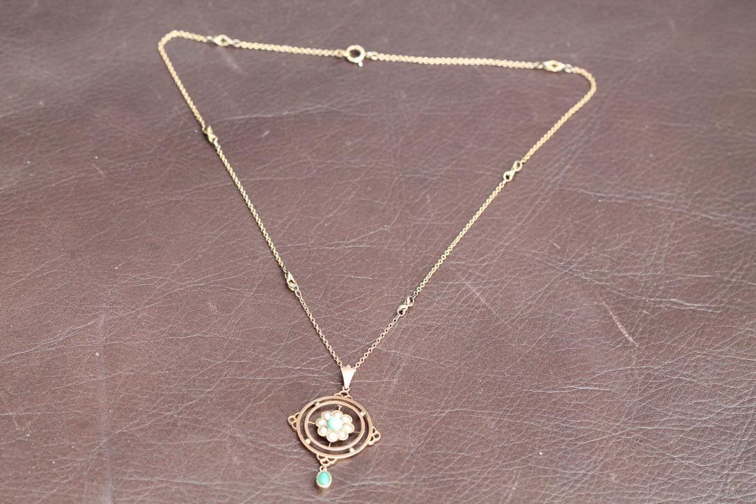 Antique 9ct Gold Pearl & Turquoise Pendant, Lovers Knot Necklace, 16"