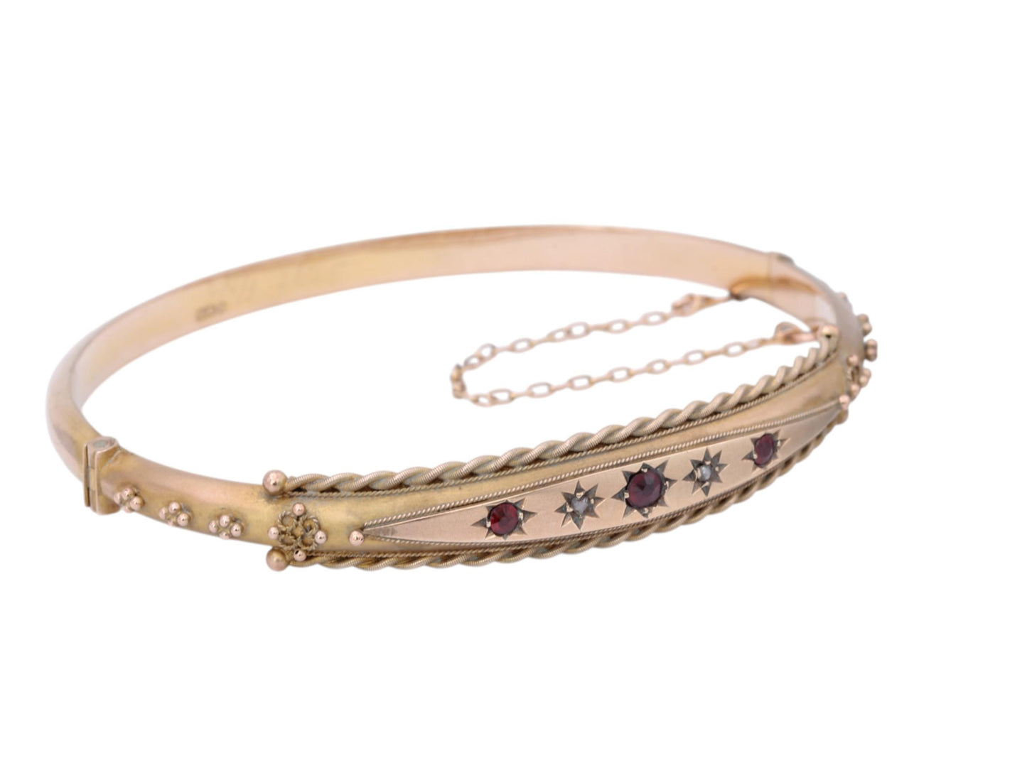 Antique 9ct Gold Diamond & Garnet Gypsy Set Bangle, 1902
