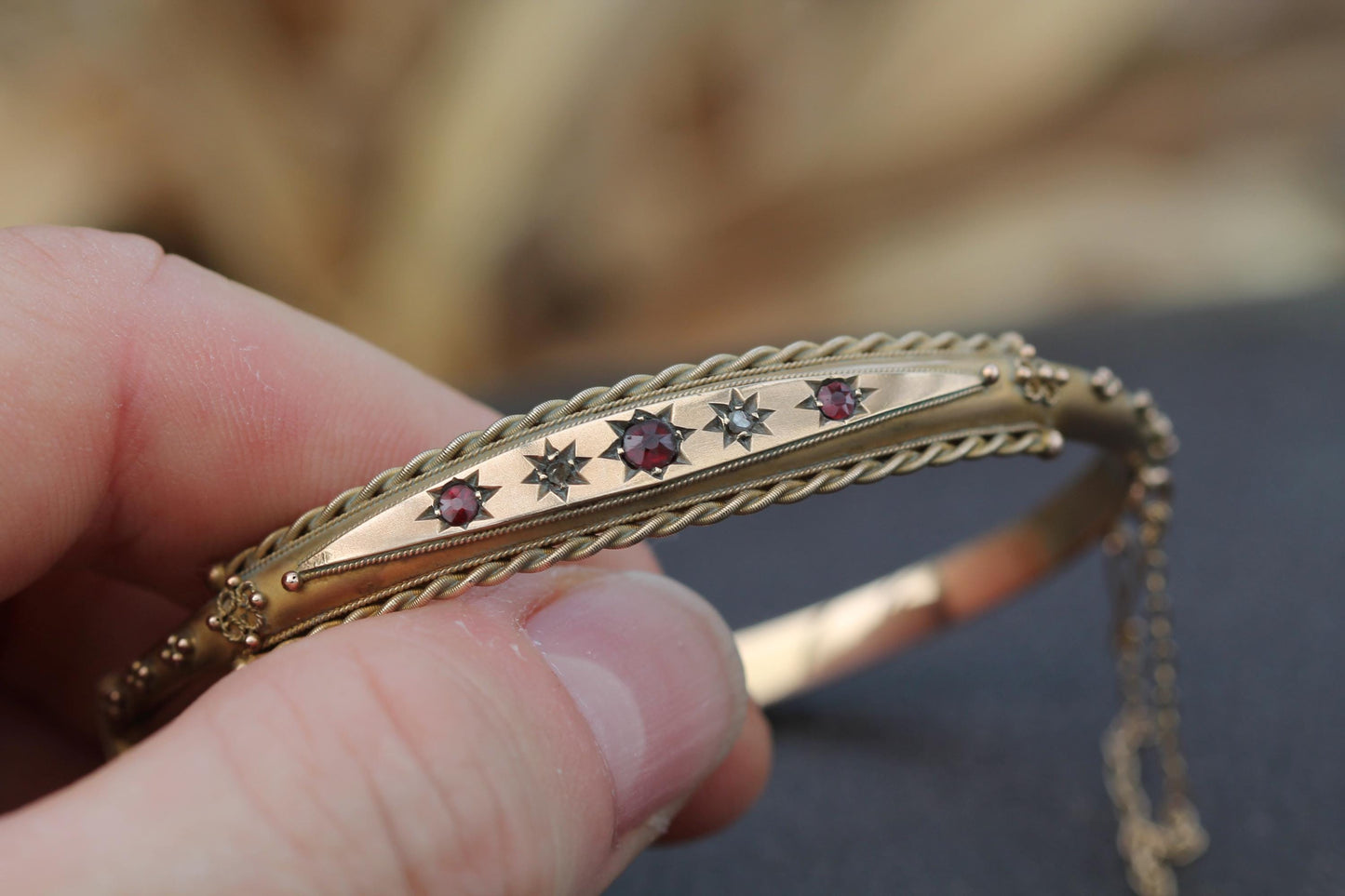 Antique 9ct Gold Diamond & Garnet Gypsy Set Bangle, 1902