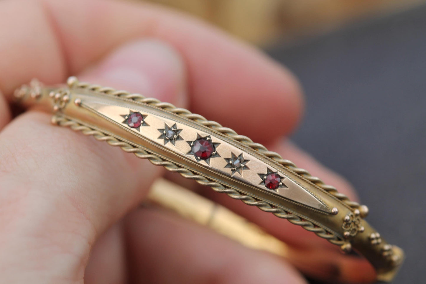 Antique 9ct Gold Diamond & Garnet Gypsy Set Bangle, 1902
