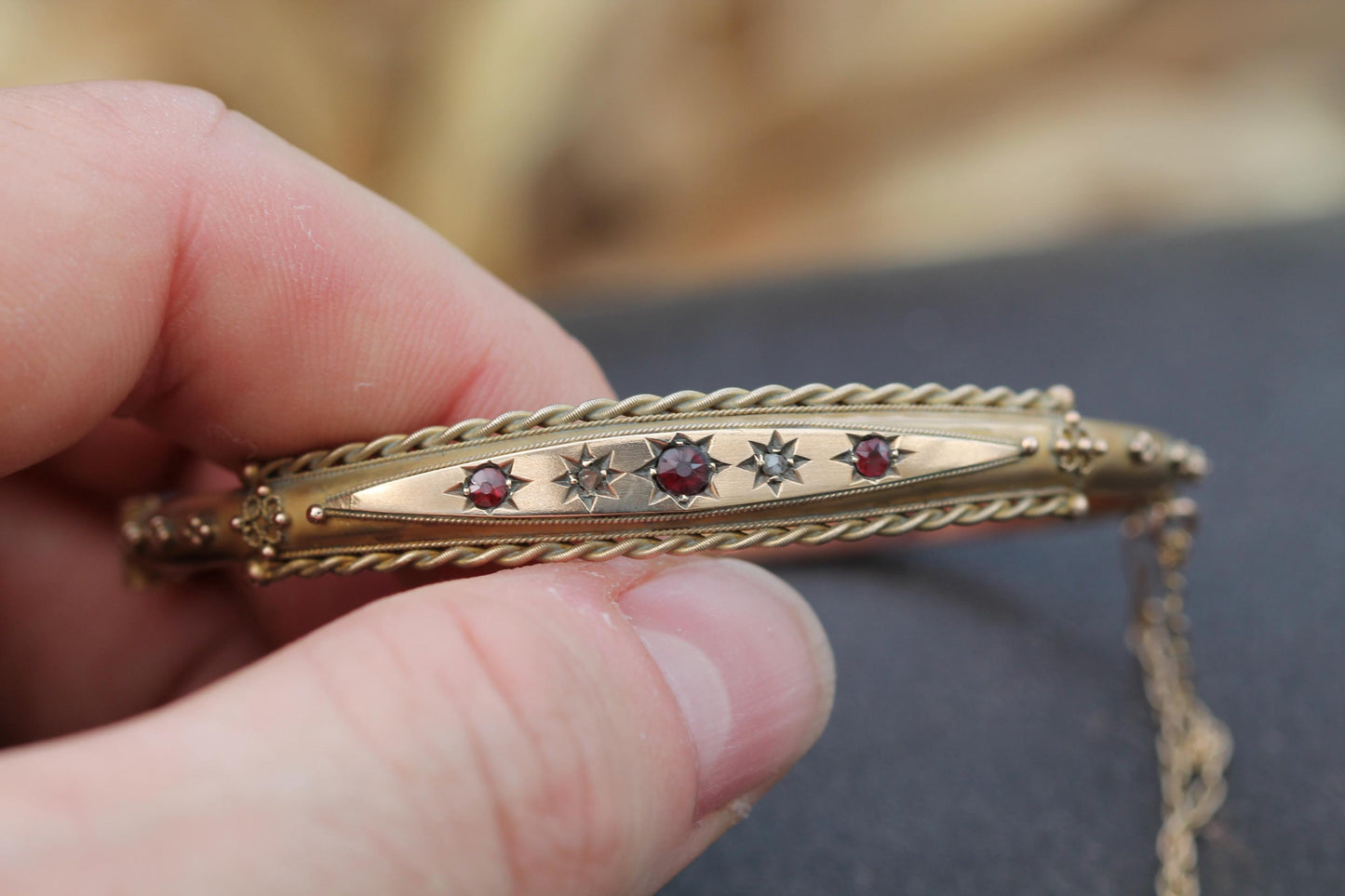 Antique 9ct Gold Diamond & Garnet Gypsy Set Bangle, 1902