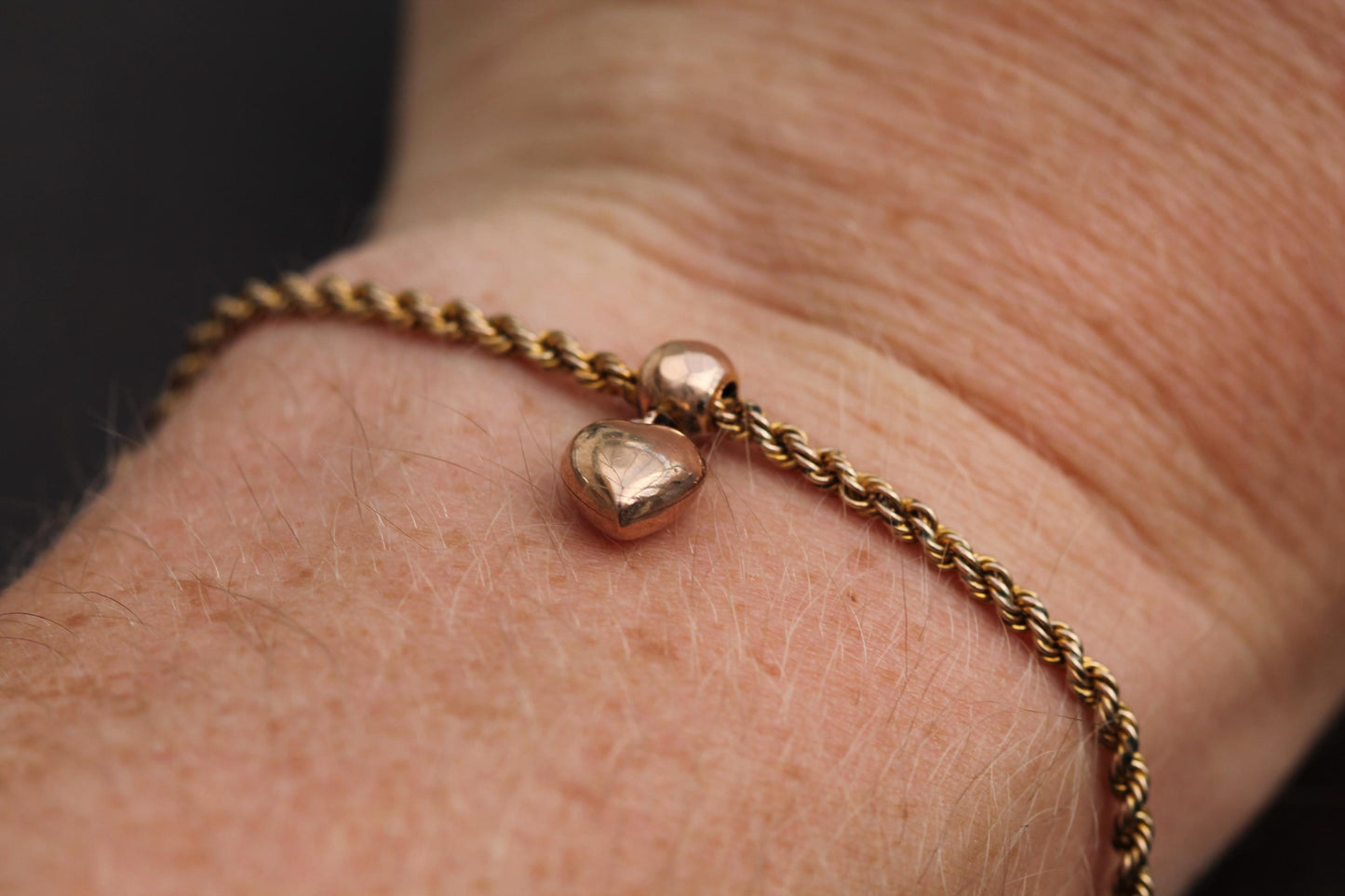 Antique 9ct Rose Gold Albertina Bracelet Tassel & Heart Charm, 7.5"