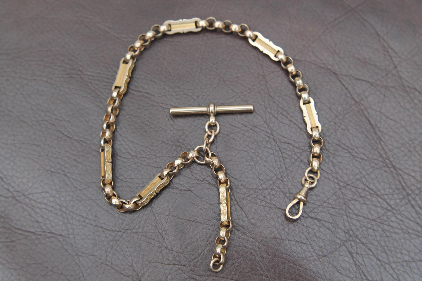 Antique 10ct Yellow Gold Faceted Belcher & Bar Links Necklace Albert, 14.25"