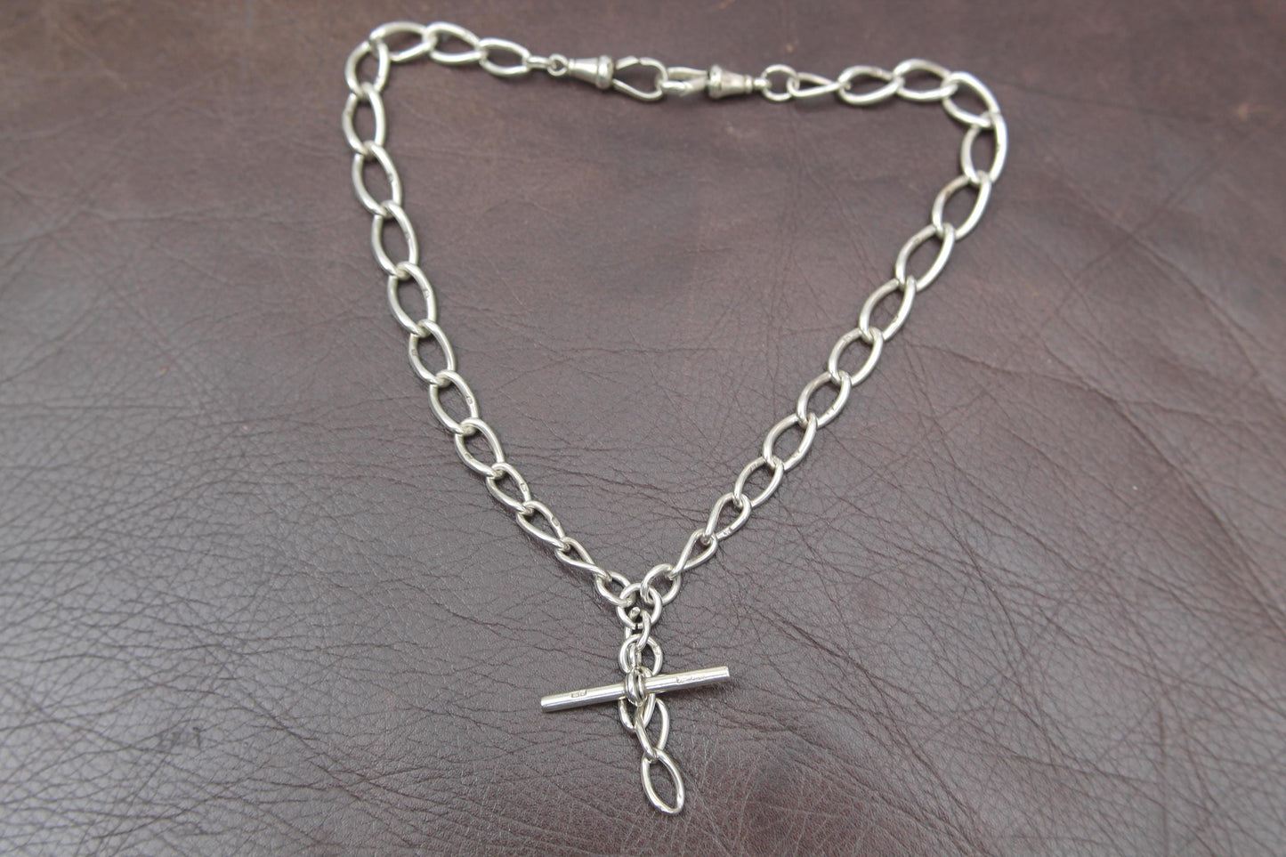 Antique Sterling Silver Twisted Trombone Link Albert Chain Necklace, 15"