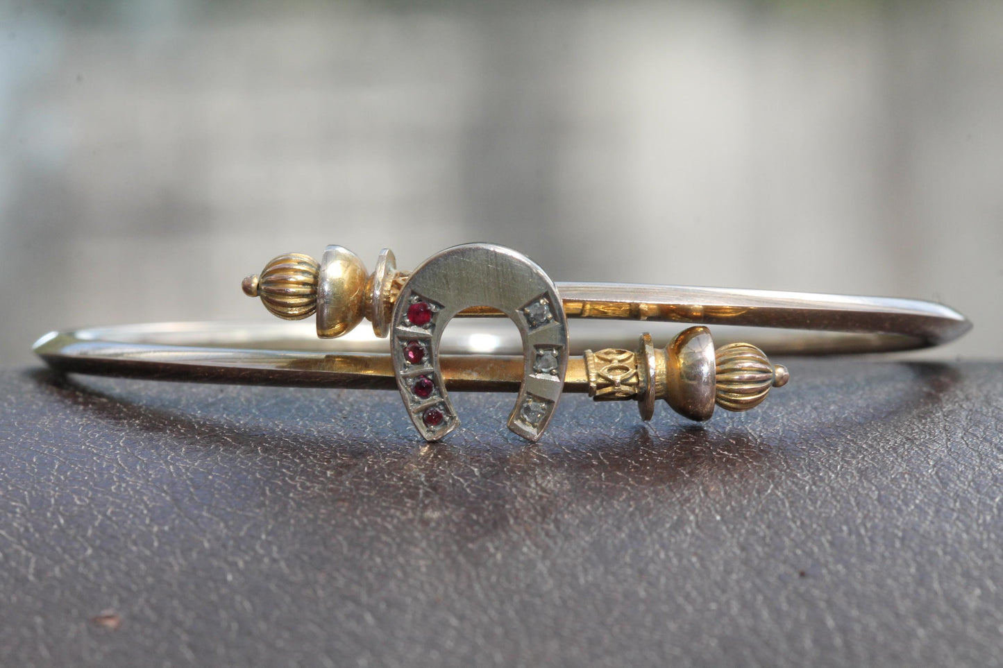 Antique 9ct Gold Diamond Ruby Lucky Horseshoe Bangle Bracelet, 6.5"