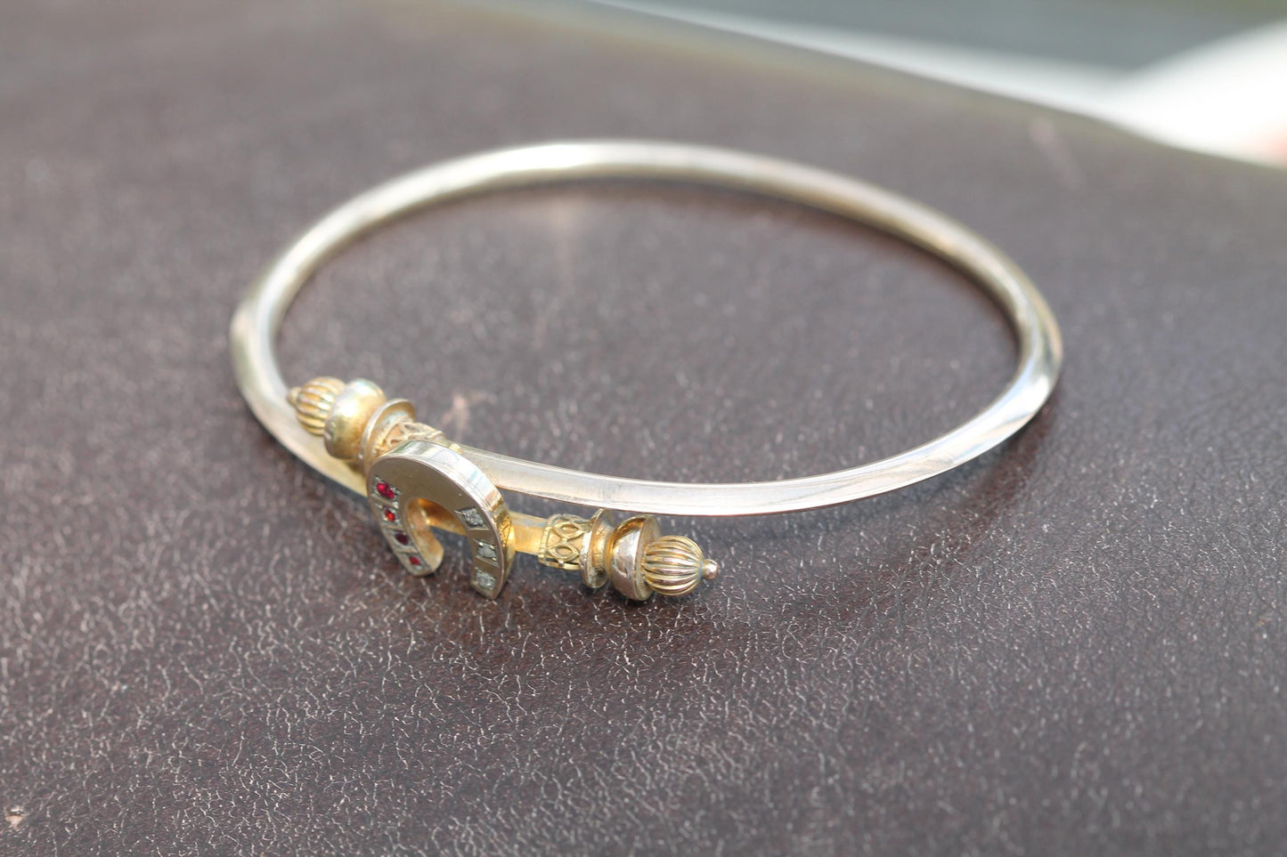 Antique 9ct Gold Diamond Ruby Lucky Horseshoe Bangle Bracelet, 6.5"