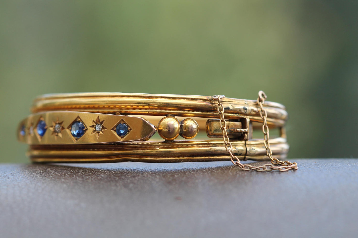 Antique 9ct Gold Old Cut Diamond & Sapphire Bangle Bracelet, 6.25"